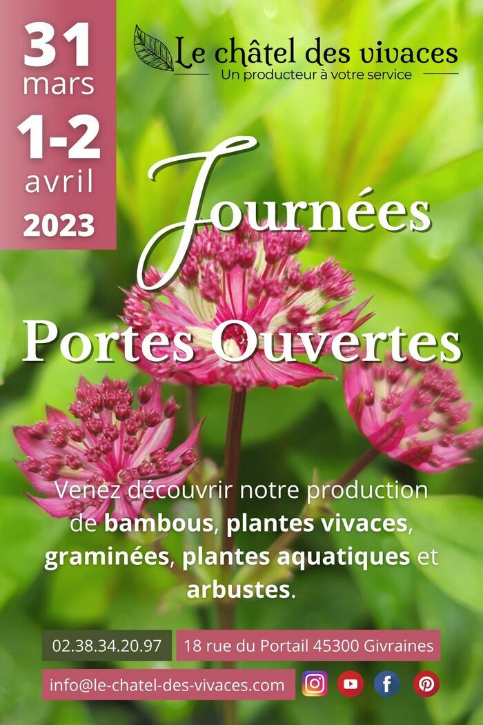 Journées Portes Ouvertes
        
        Le 31 mars, 1 et 2 avril 2023, la pépinière organise ses journées portes ouvertes du printemps.
