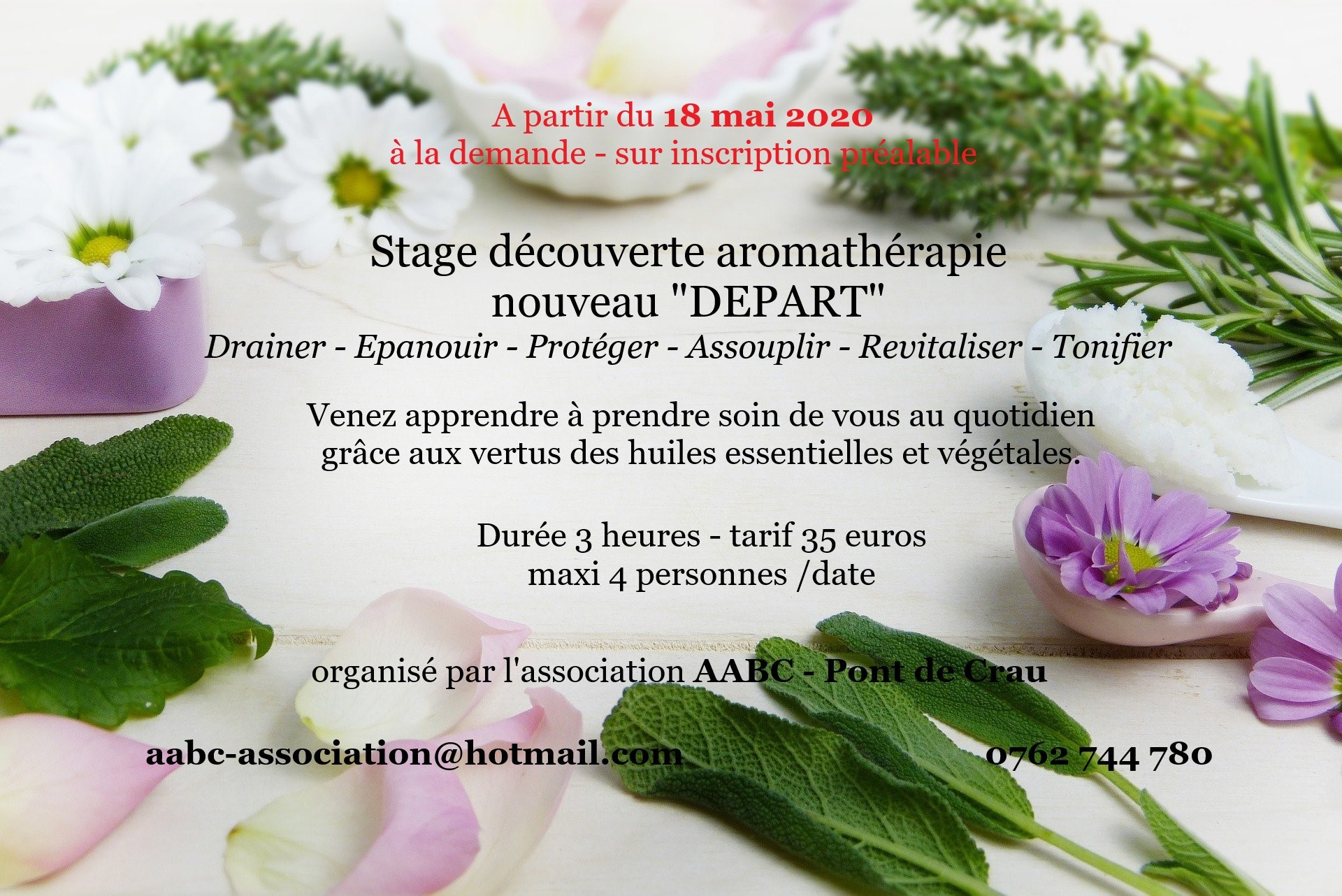 Atelier de 3 heures pour découvrir les meilleures huiles essentielles pour Drainer -Épanouir - Protéger - Assouplir - Revitaliser et Tonifier. Date au choix de chacun - Maximum 4 personnes/date.
