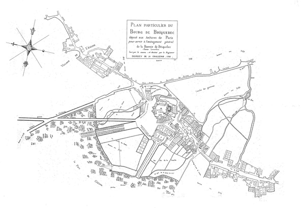 Crédits image : Le quartier du village à Bricquebec, plan de 1782 (archives communales) Crédits image : Le quartier du village à Bricquebec, plan de 1782 (archives communales)